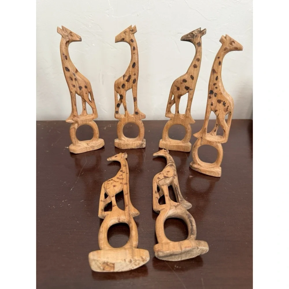 VTG Hand Carved Wooden Napkin Rings Holders Set of 6 Giraffes Artsy Boho Jungle